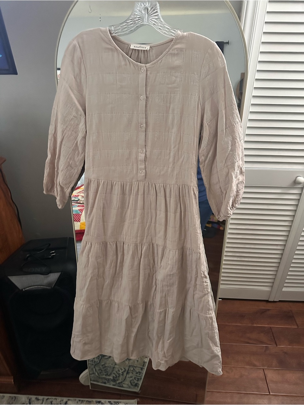 Neuflora Taupe Tiered Midi Dress with Button Front